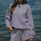 Combhasaki Women 2Piece Striped Y2k Outfits Set Casual Long Sleeve Crew Neck Shirt Tops+Elastic Waist Wide Leg Shorts Tracksuits
