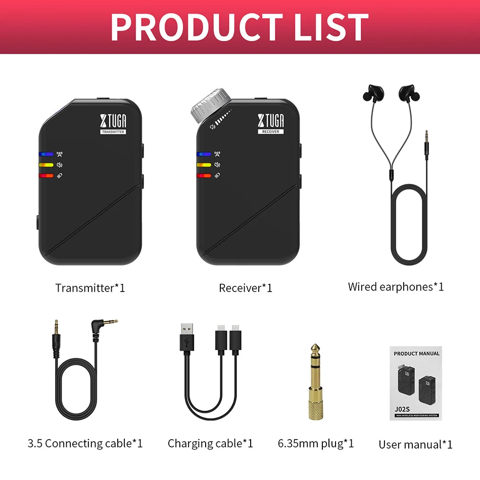 XTUGAJ02s Wireless in Ear Monitor System 2.4G Mini Stereo IEM System Low Latency One Transmitter More Receiver Stage Singer Band