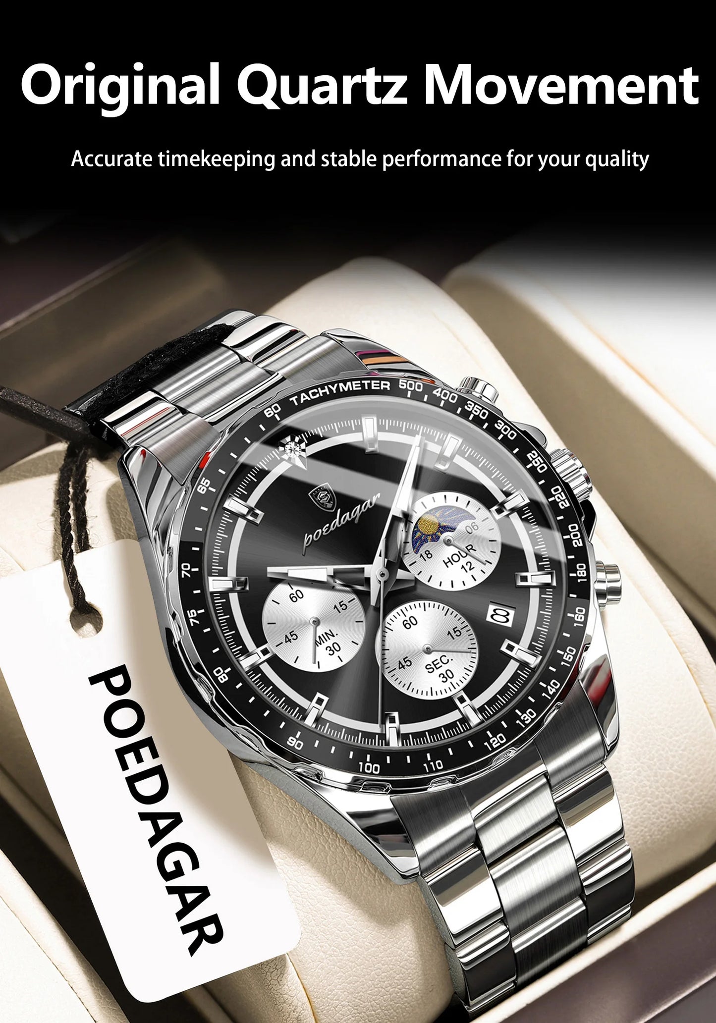 POEDAGAR Top Original Man Wristwatch Waterproof Stainless Steel Luminous Men Clock Chronograph Date Quartz Sports Men's Watches