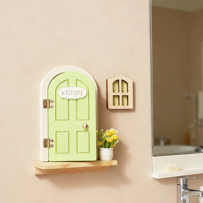 Wooden Elf Door Set Cartoon Room Decor Dollhouse Character Stickers Fairytale-Style Balcony Decor Hanging Ornaments Gift