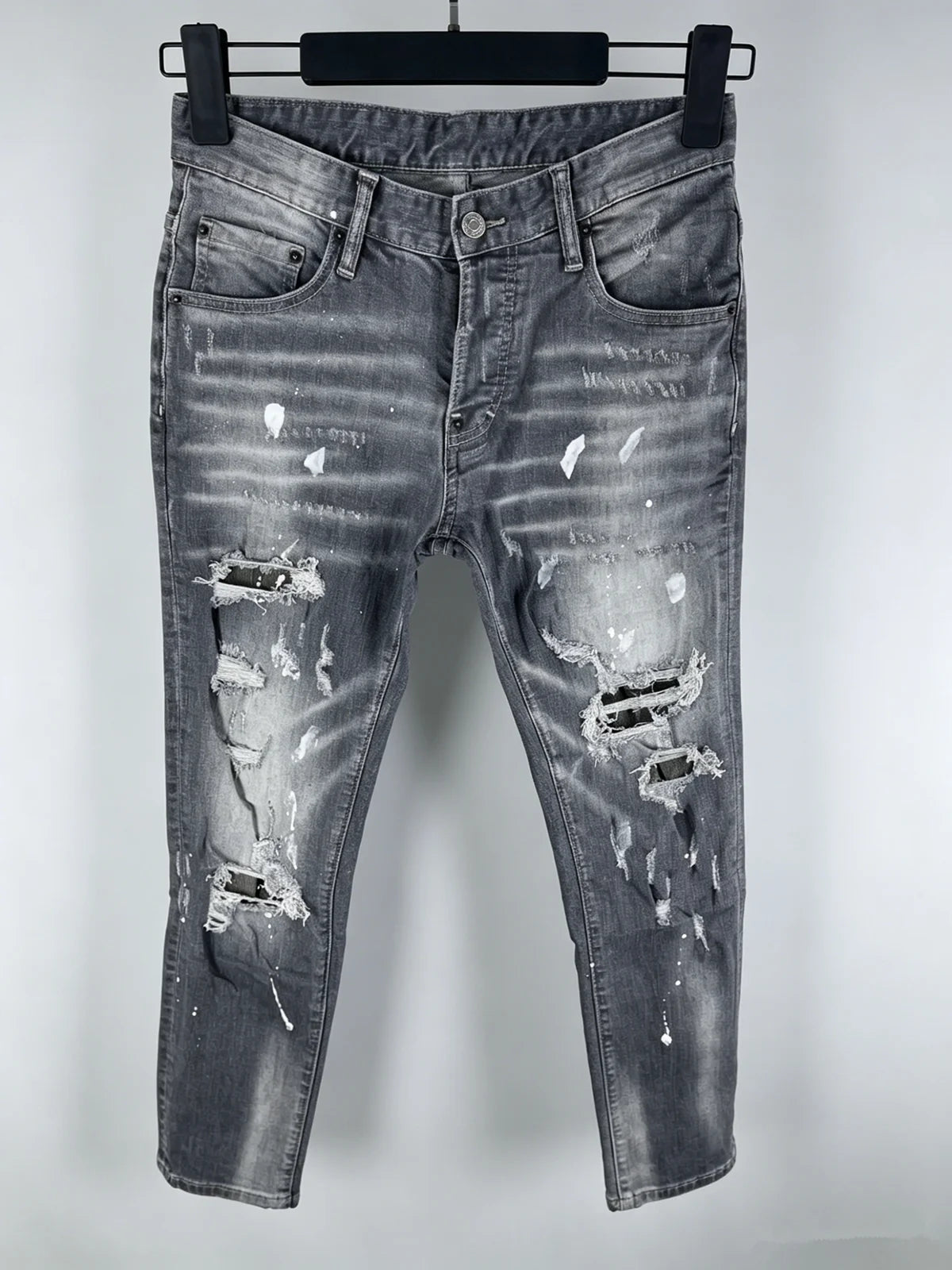 6060 Four Seasons New Men's Washed Ripped Patch Old Slim-fit Straight Black Jeans for Men