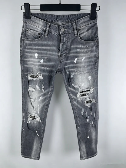6060 Four Seasons New Men's Washed Ripped Patch Old Slim-fit Straight Black Jeans for Men
