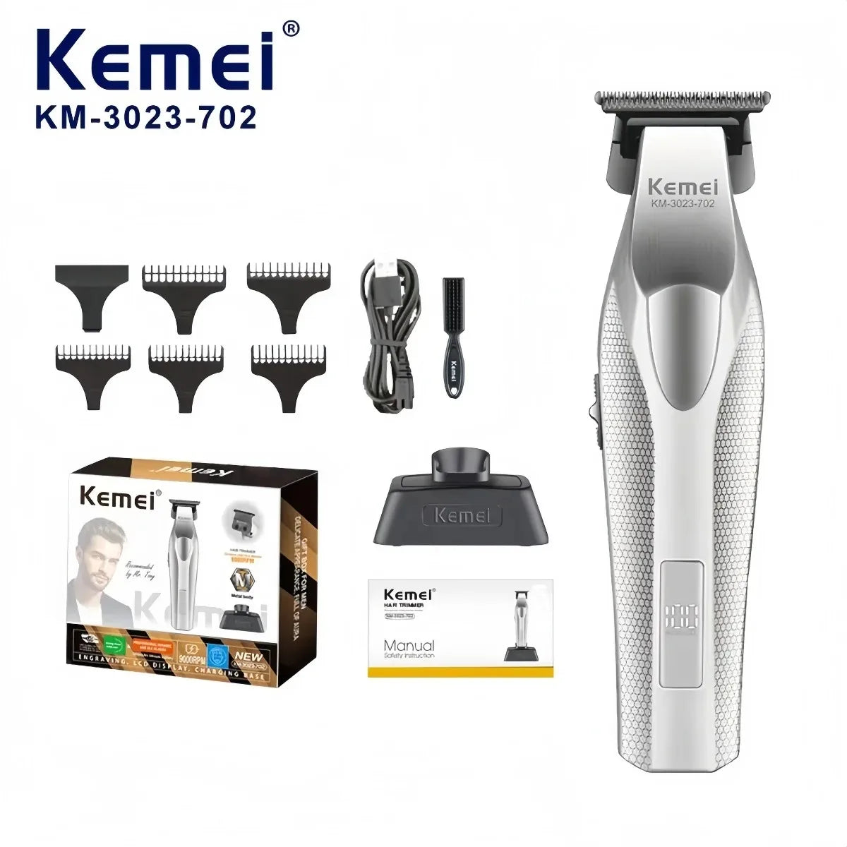 Kemei Clippers Professional Haircut Suit Rechargeable Hair Clippers Metal Body Shaver LCD Display Clipper For Man KM-3023 Set