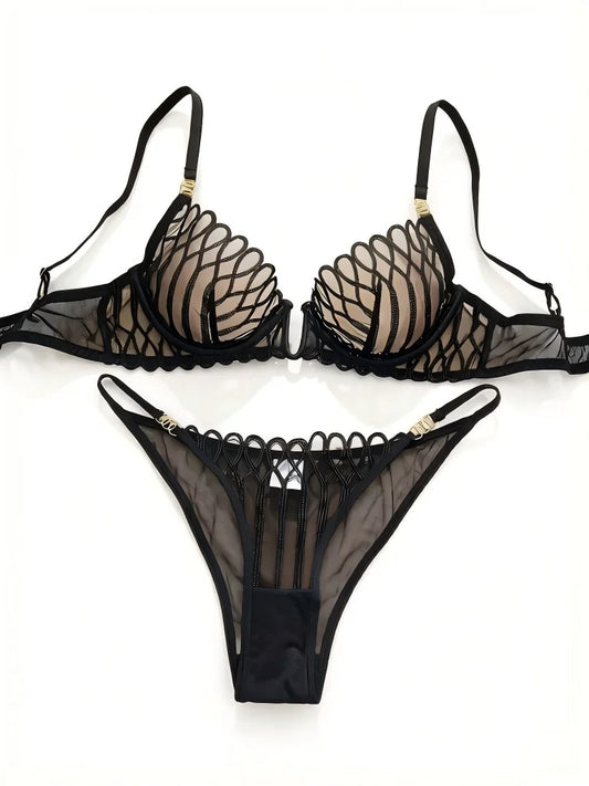 French Style Sexy Embroidered Transparent Underwear Set V-Neck Design Anti-Sagging Breathable Bra And Panties Ensemble