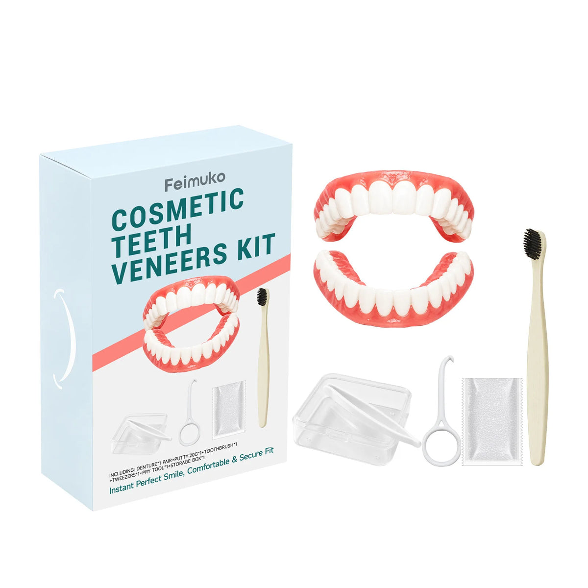 Silicone denture set, ivory colored dentures, instantly burst into a confident smile, comes with a toothbrush and tweezers