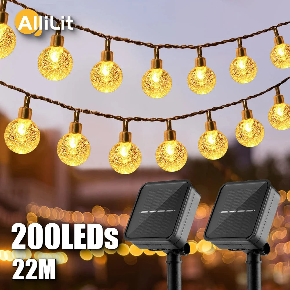 Solar String Lights Outdoor 200 LED Crystal Globe Lights Waterproof Solar Festoon Fairy Light for Garden Christmas Party Decor