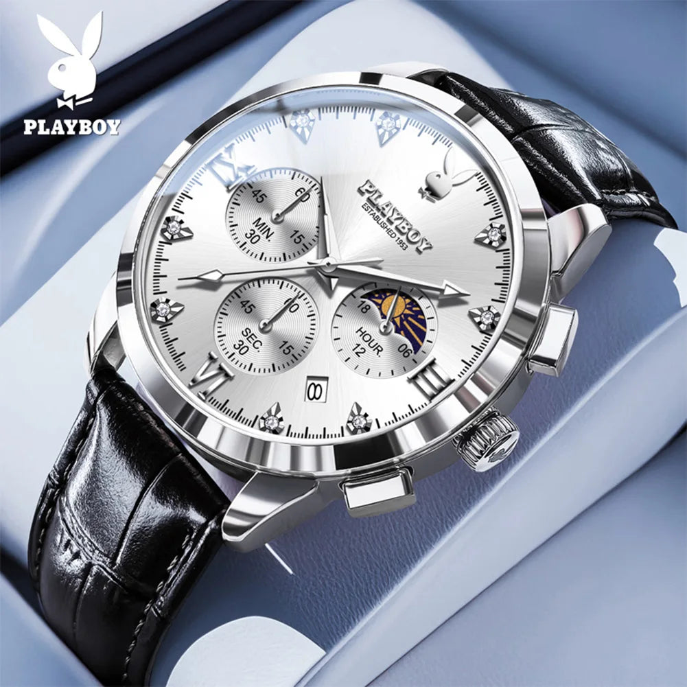 PLAYBOY 3035 Brand original authentic watches for man luxury Gift Box fashion Belt chronograph calendar quartz men's watch