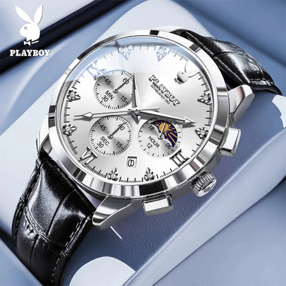PLAYBOY 3035 Brand original authentic watches for man luxury Gift Box fashion Belt chronograph calendar quartz men's watch