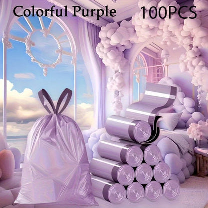 Purple Drawstring Trash Bags 100-Pack Thick Leak-Proof Disposable Garbage Bags for Kitchen Bathroom Home Trash Cans