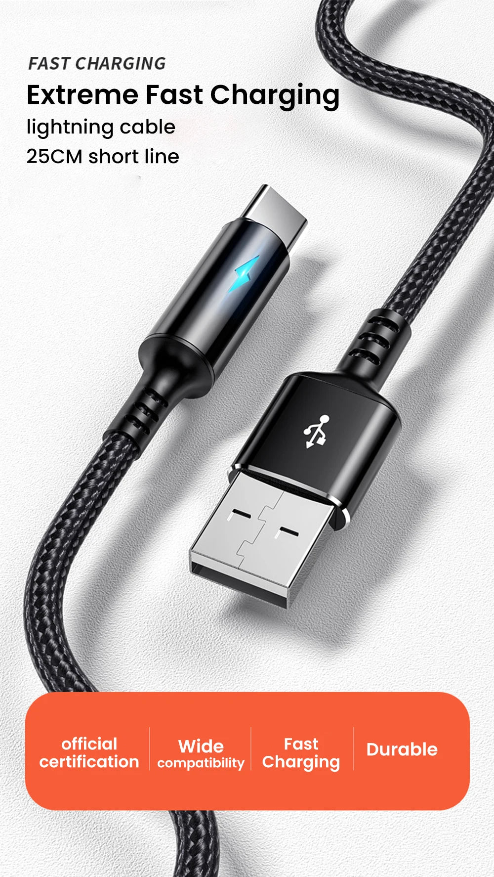 25cm Short Cable USB Type C Cable USB A To Micro USB 3A Fast Charging Cable For iPhone Xiaomi Huawei Mobile Phone Data Charger