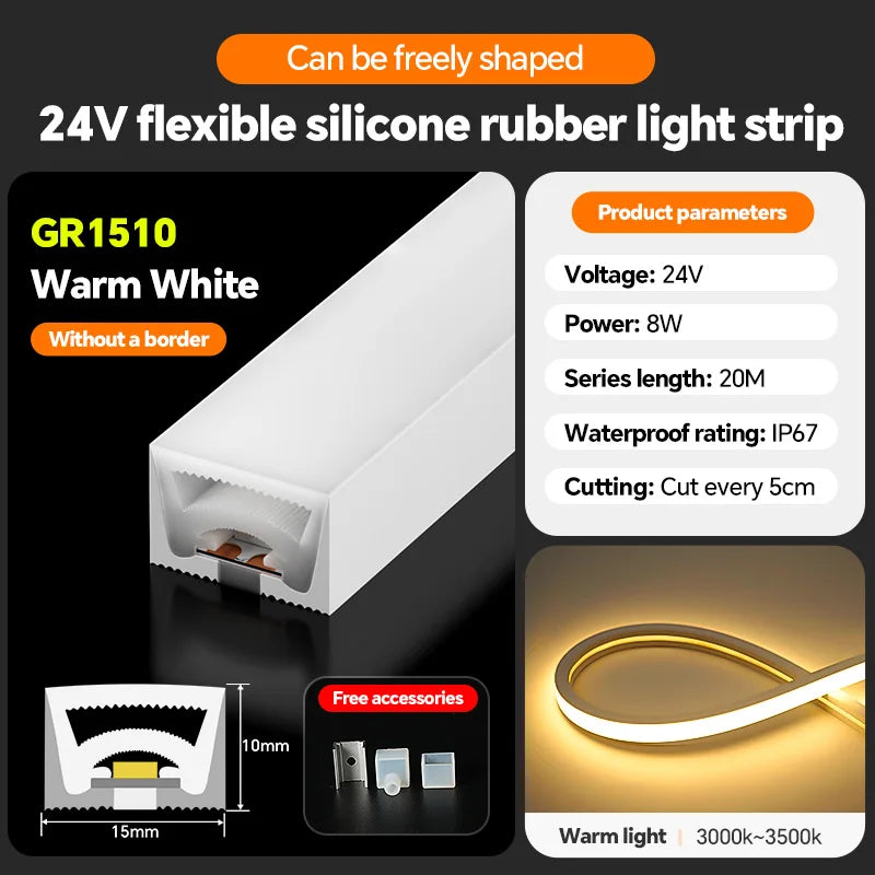 LED flexible silicone light strip embedded 24V waterproof tubing linear lamp concealed installation flexible soft light strip