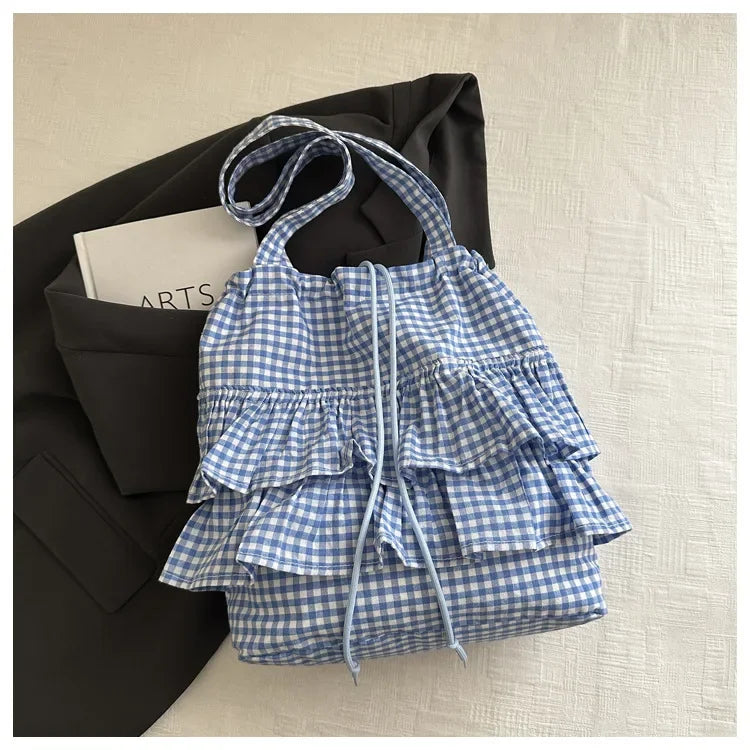 Cute Plaid Cotton Tote Bag Large Capaci Lace Trim Women's Summer 2026 Simple Lady Handbag Soft Shoulder Bags Bolsa Feminina