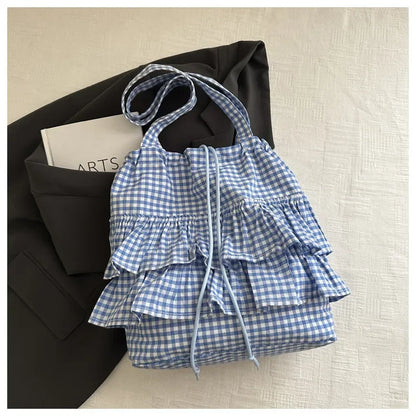 Cute Plaid Cotton Tote Bag Large Capaci Lace Trim Women's Summer 2026 Simple Lady Handbag Soft Shoulder Bags Bolsa Feminina