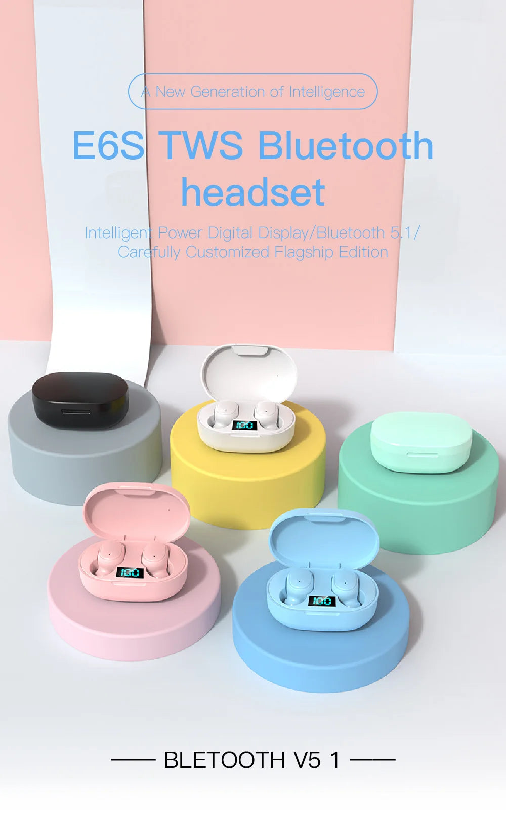 E6S Bluetooth 5.3 TWS Earbuds Noise Cancelling Wireless Headphones, HD Mic, Deep Bass, One-Step Pairing for Gaming & Calls
