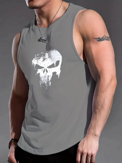 Men's Solid Color 3D Skull Print Sleeveless Round Neck Top For Daily Sports and Fitness Fashionable Round Neck Breathable Vest