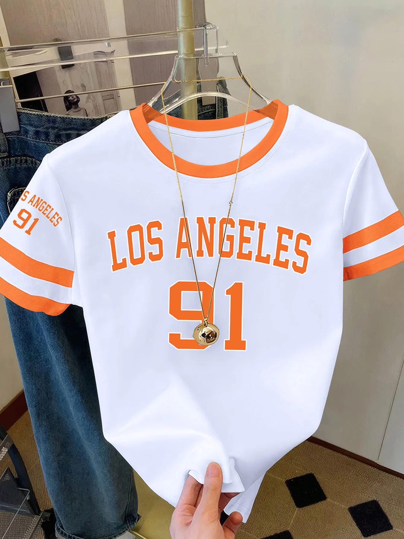 Summer Women's Los Angeles NO.91 Print Round Neck Short Sleeve T-Shirt Summer Graphic Te Jerseys Plus Size Sport T-Shirt Tops