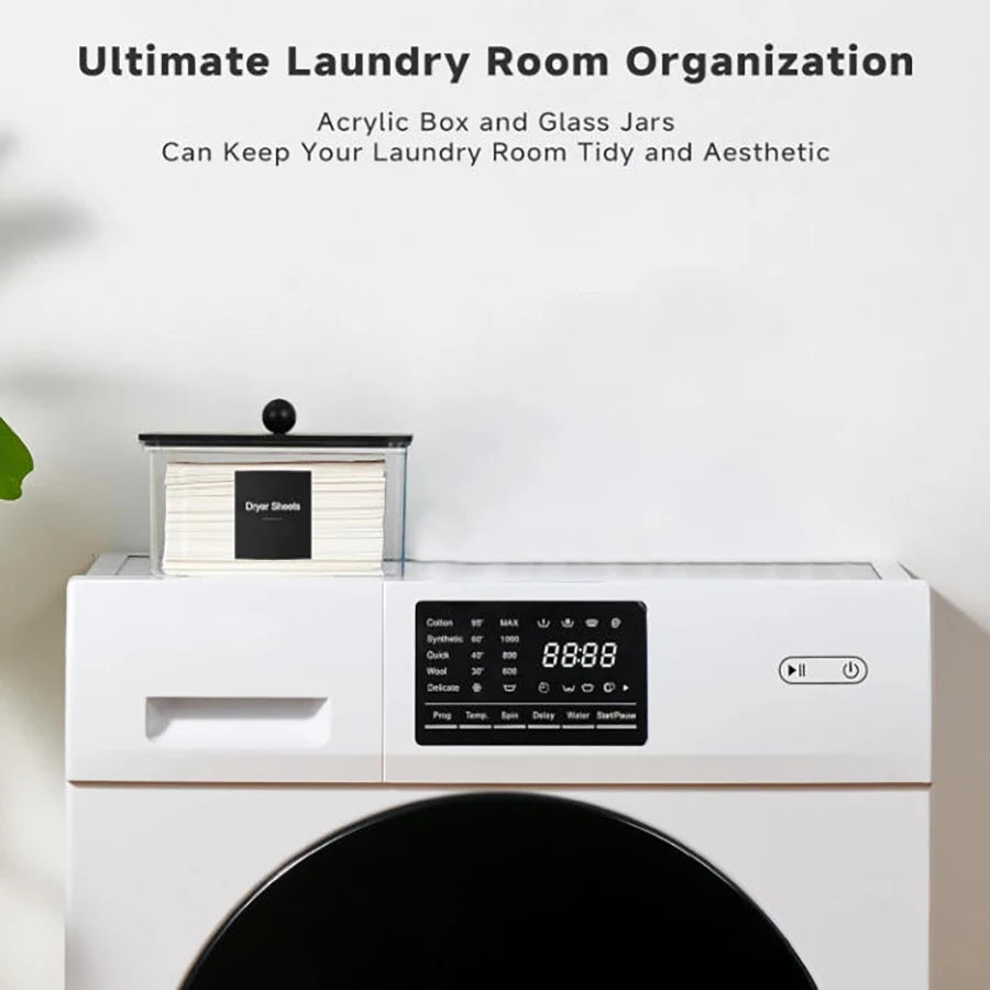 Clear Bathroom Storage Container Acrylic Dryer Sheet Holder with Lid Labels Fabric Softener Dispenser Laundry Room Organization