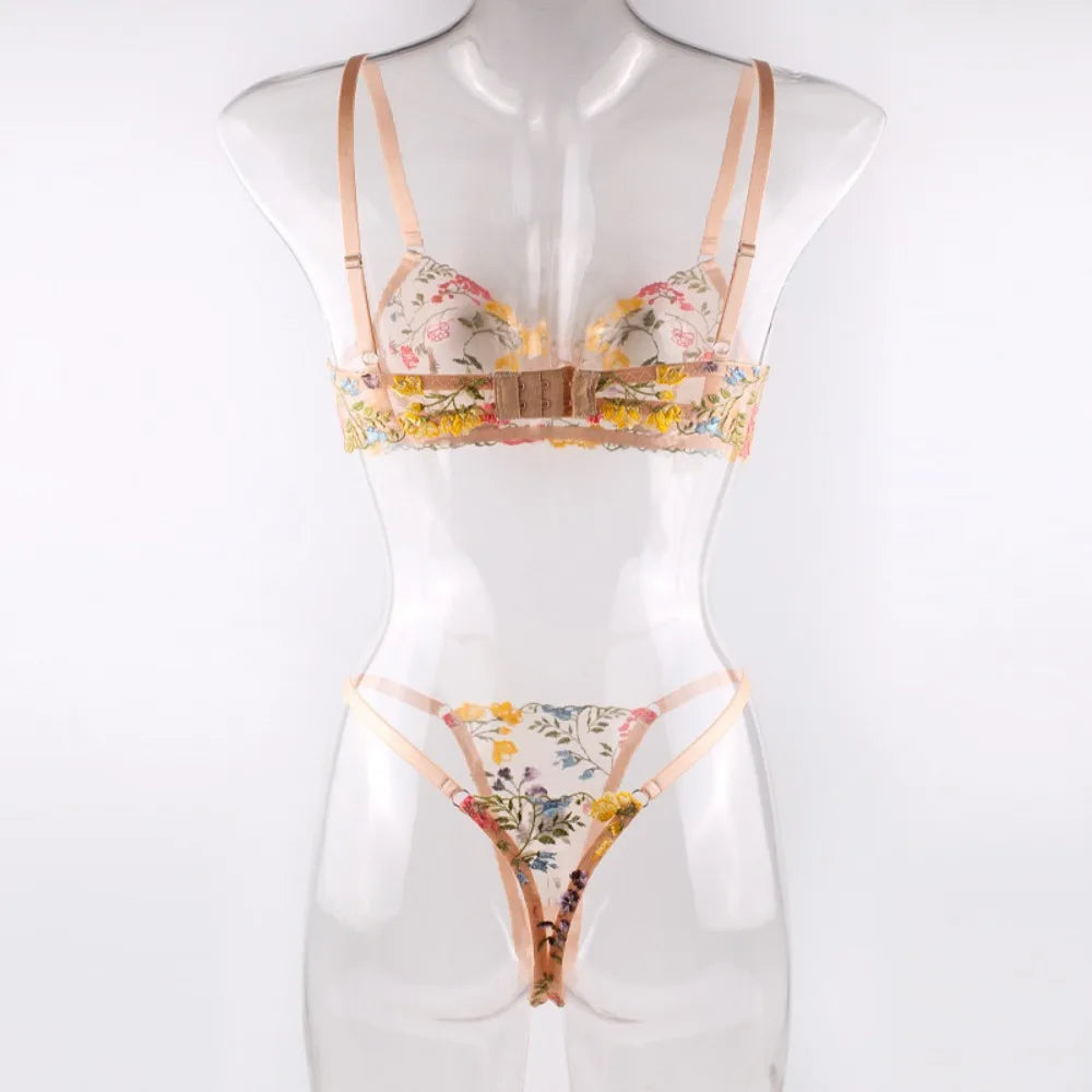 2-Piece Floral Lingerie Set Sheer Embroidery Underwear Intimates Underwire Push-up Versatile Bra Panty Set For Lady Girl
