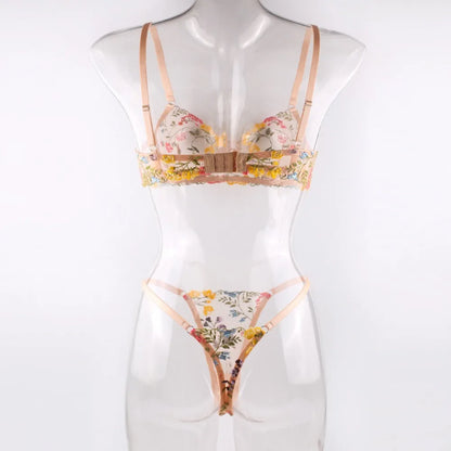 2-Piece Floral Lingerie Set Sheer Embroidery Underwear Intimates Underwire Push-up Versatile Bra Panty Set For Lady Girl
