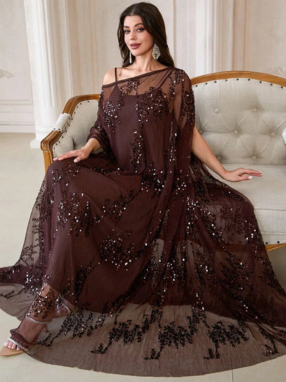 TOLEEN Elegant Round Batwing Sleeve Women's Robe, Decorated With Contrast Sequins And Ruffle Details, Non-Stretch Fabric Spring