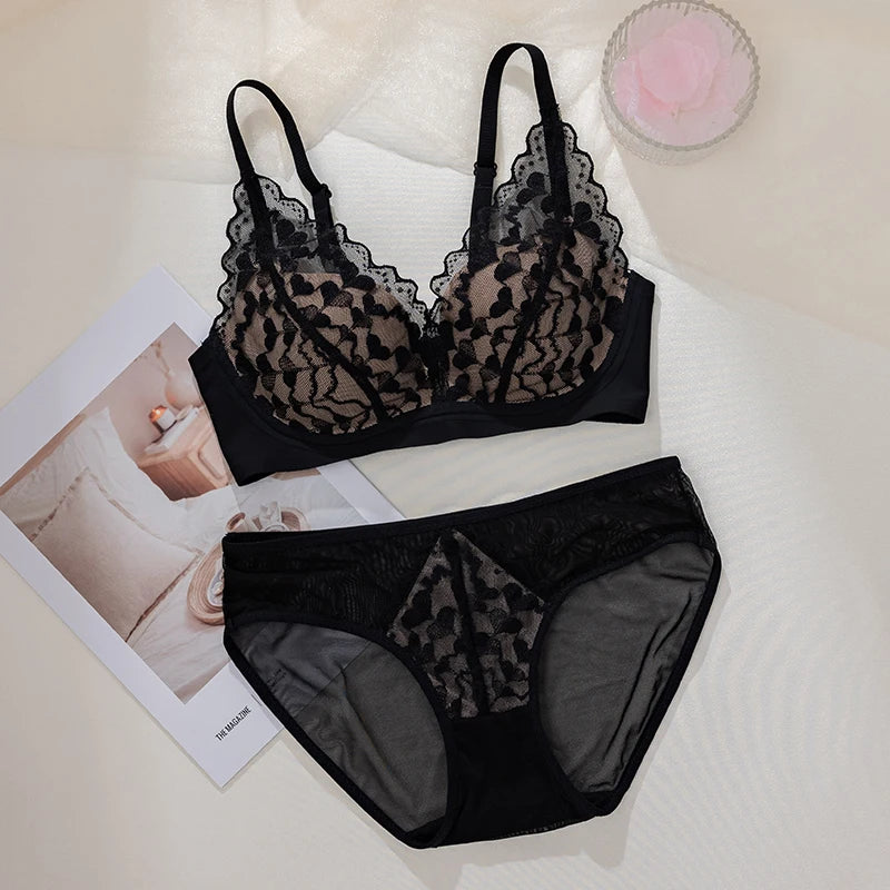 French Sexy Lace Bra and Panty Set for Women, Push Up Wireless Bralette, Comfortable & Breathable Small Chest, Bestseller MOYISU