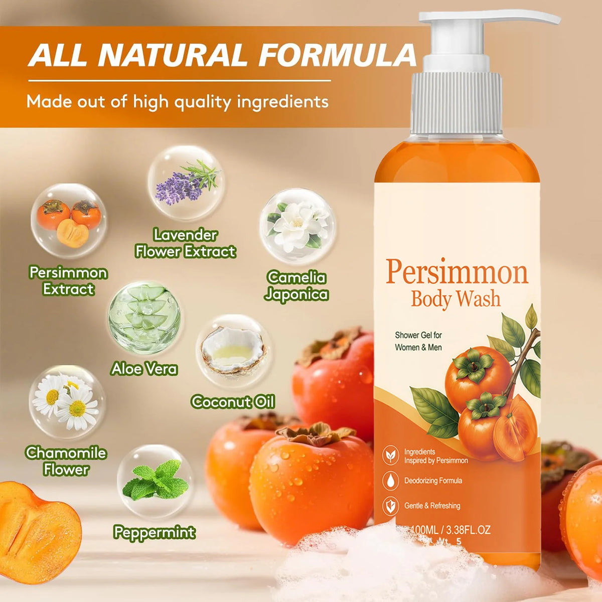 Persimmon Soap Bar and Persimmon Body Wash for Body Odor Control Natural Fruity Aroma Shower Cleanse Gel Bath Soap for Women&Men