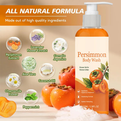 Persimmon Soap Bar and Persimmon Body Wash for Body Odor Control Natural Fruity Aroma Shower Cleanse Gel Bath Soap for Women&Men