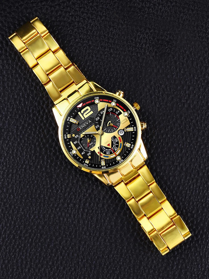 Men's Casual Fashion Quartz Watch Set with Ring Necklace Bracelet Combo Suitable for Daily Wear Perfect Father's Day Gift