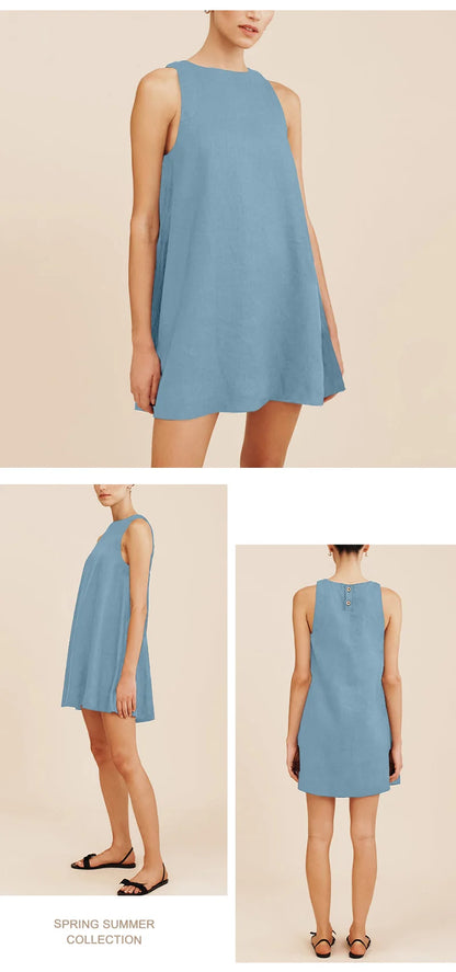 Classic Solid Color Cotton-Linen Women's Dress New Arrival Simple Sleeveless Tank Dress Casual Round-Neck Summer Dresses