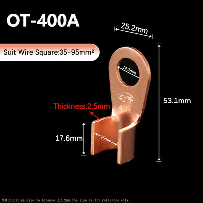 OT Series Wire Terminals 100A 150A 200A 250A 300A 400A 500A Red Copper Bare Nose Lugs Crimp Open Mouth Cable Connector Splice