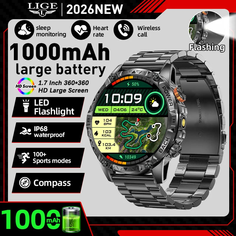 LIGE Nowy wojskowy do T-Rex 3 Ultra Smart Watch Bateria 1000 mAh Wodoodporny IP68 Kompas Latarka Sportowy monitor Smartwatch Mężczyźni