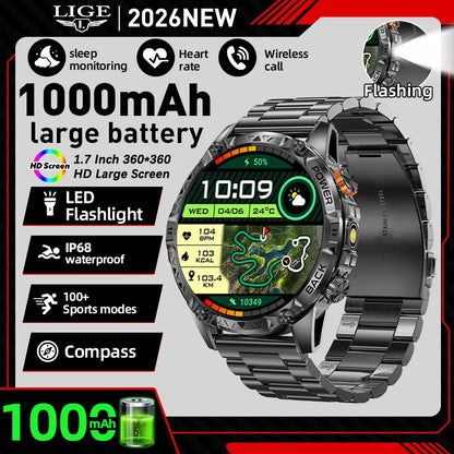 LIGE Nowy wojskowy do T-Rex 3 Ultra Smart Watch Bateria 1000 mAh Wodoodporny IP68 Kompas Latarka Sportowy monitor Smartwatch Mężczyźni