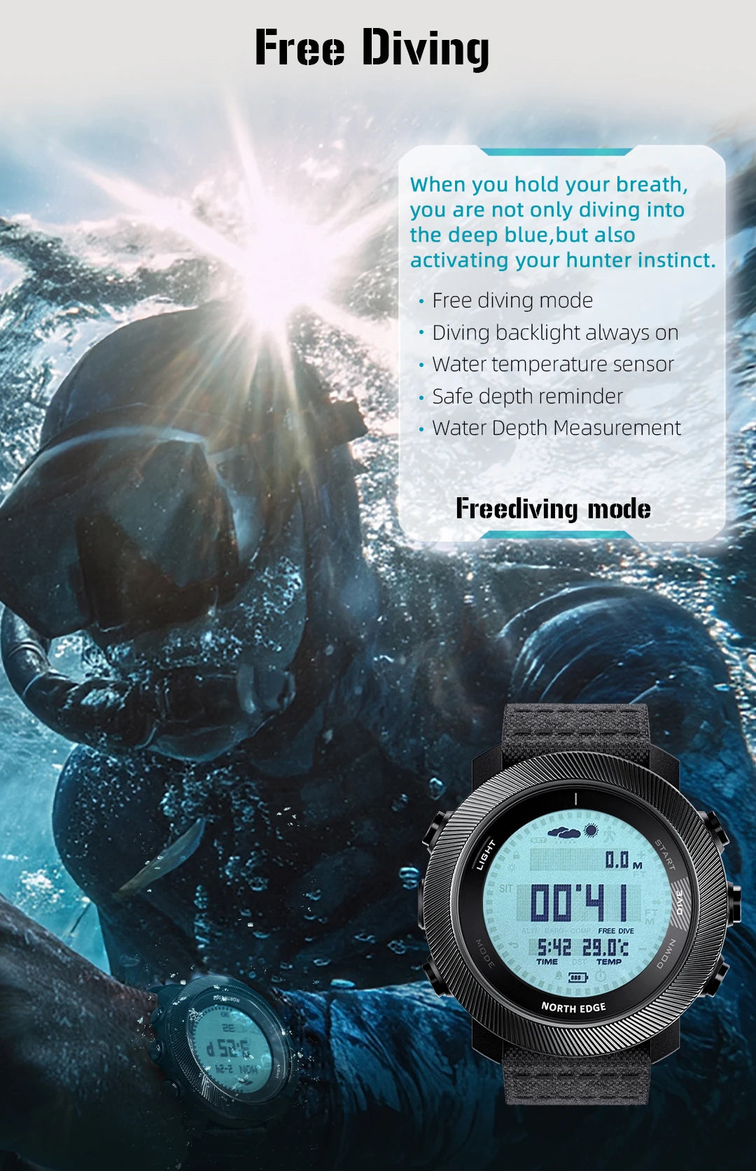 NORTH EDGE 2025 APACHE-D Smart Watch Free Dive Watch Sports Digital Watch Altimeter Barometer Compass World Time Waterproof 100M