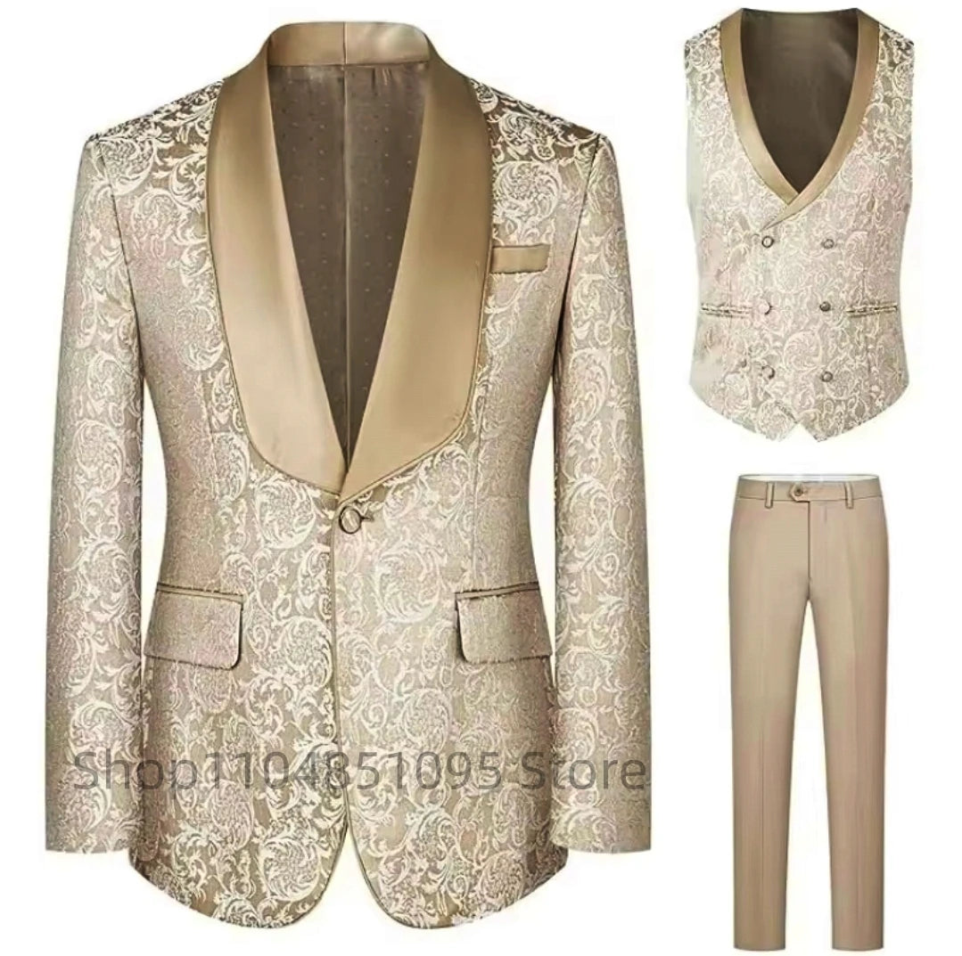 Champagne Jacquard Wedding Men Suits One Button Shaw Lapel Blazer Elegant Business Prom Party 3 PCS Jacket Vest Pants Suits Set