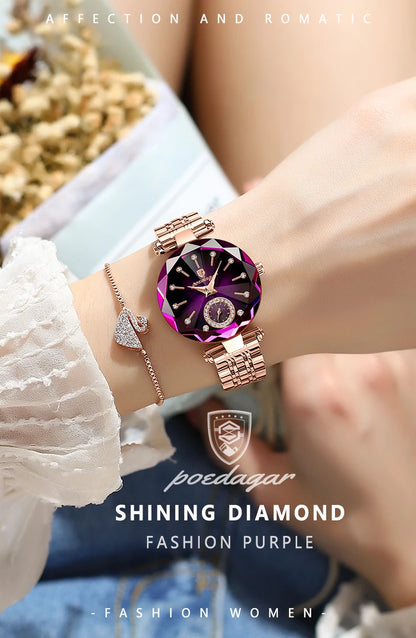 POEDAGAR Luxury Diamond Dial Woman Wristwatch Waterproof Stainless Steel Watch for Ladies Elegant Simple Quartz Women's Watches