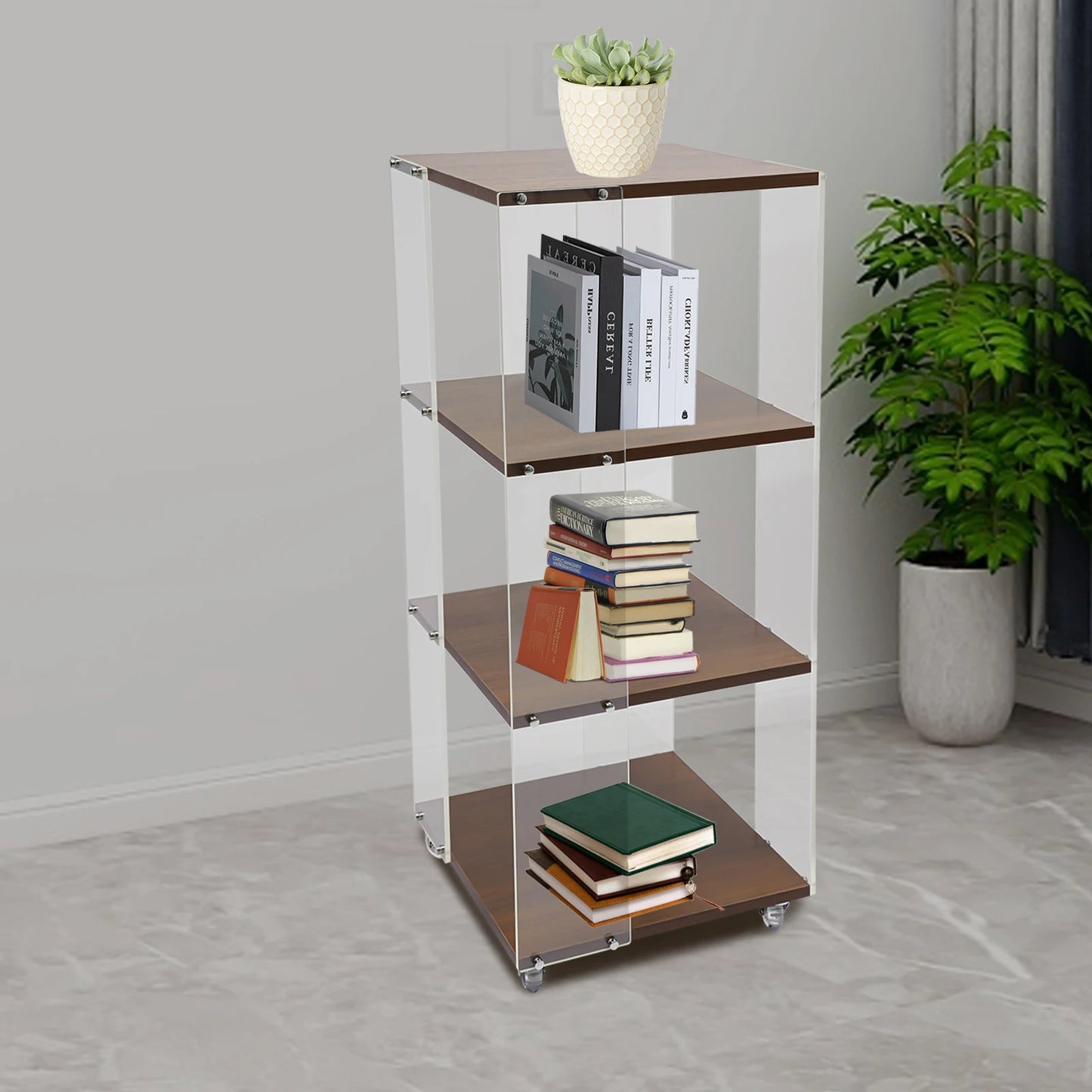 3-layer Rotating Acrylic Bookshelf with Wheels,Standing Small Corner Bookcase for Home Study Office