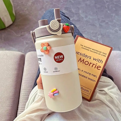 2025 1L Thermo Bottle Stainless Steel Large Capacity Thermo Cup Straw Hand Pot