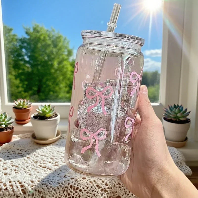 500Ml Pink Bow Print Water Bottle Drinking Can Iced Hot Coffee Juice Plastic Cup Pink Bowknot Tumbler Cup Straw Cup