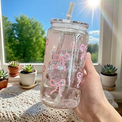 500Ml Pink Bow Print Water Bottle Drinking Can Iced Hot Coffee Juice Plastic Cup Pink Bowknot Tumbler Cup Straw Cup