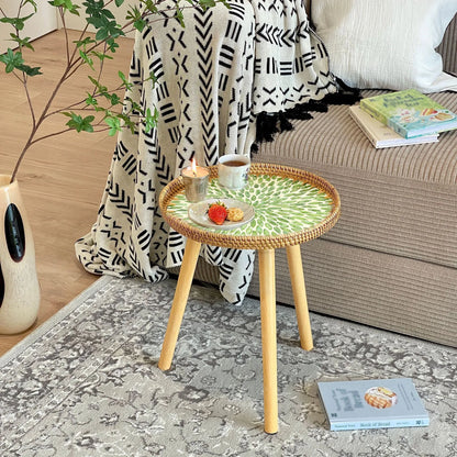 Rattan Round End Table, Boho Side Table for Living Room with Mother of Pearl Inlay, Small Coffee Table Wicker Bedsid Table