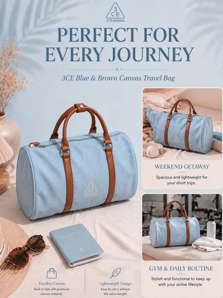 3CE Blue & Brown Color-Block Canvas Travel/Makeup Bag – Suitable for outdoor trips; spacious enough to store various cosmetics
