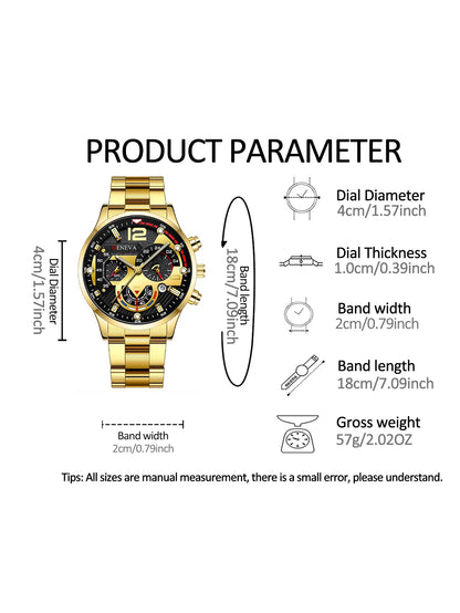 Men's Casual Fashion Quartz Watch Set with Ring Necklace Bracelet Combo Suitable for Daily Wear Perfect Father's Day Gift