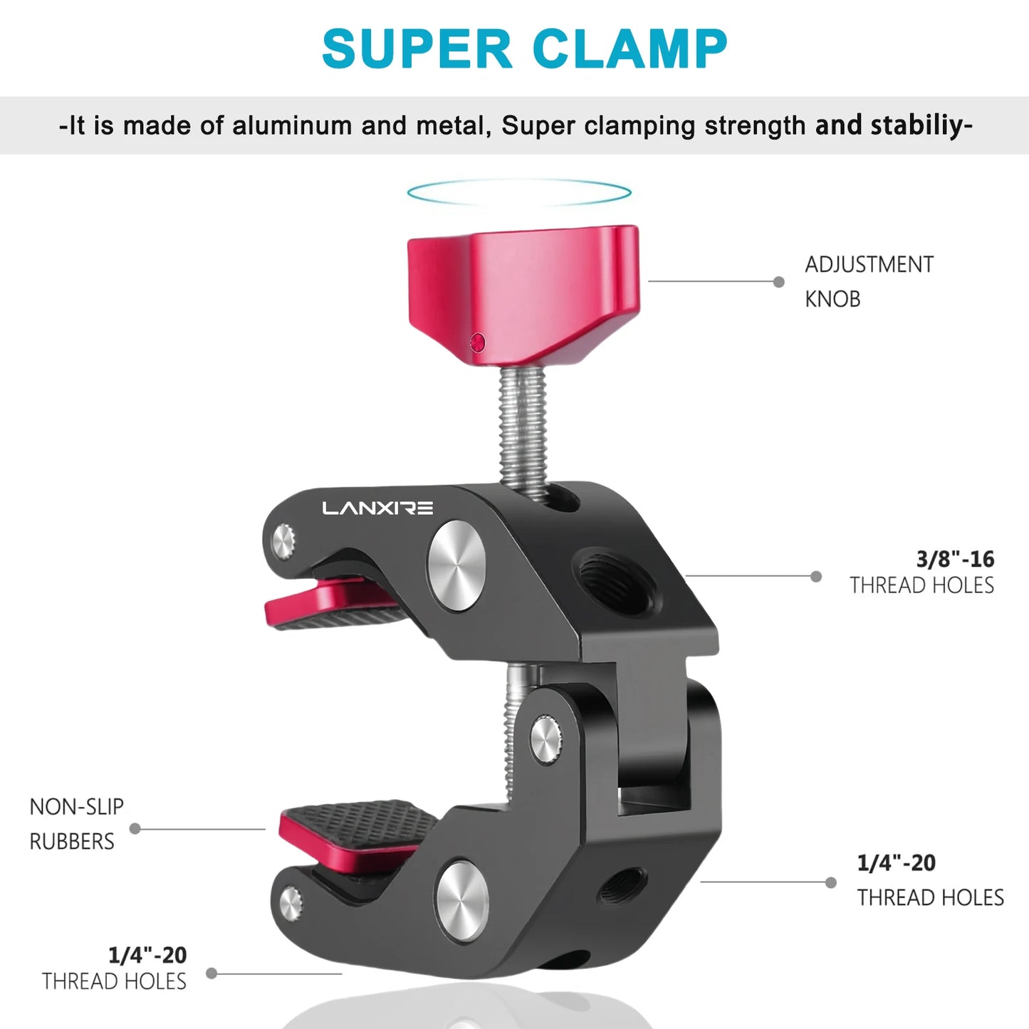 Lanxire Camera Mount Clamp Clip Clamp with 1/4" and 3/8" Threaded Holes, Super Clamp Crab Clamp for Cameras, Monitor, Tripods