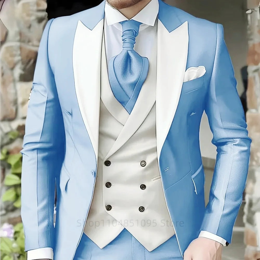 Pink Men's Elegant Peak Lapel Tuxedo 3-Piece Suit with Blazer Vest And Pants Set for Formal Business Prom Grooming