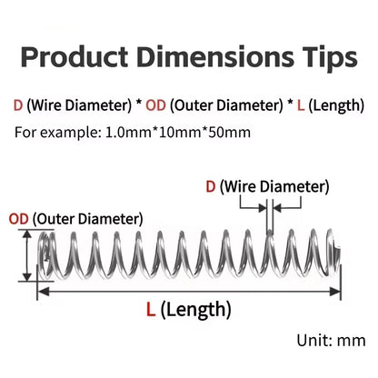 10 sztuk/partia Micro Mała Sprężyna Ściskana 0,5mm/0,6mm/0,7mm Średnica Zewnętrzna 4-12mm Długość 5mm do 50mm Naprawa Narzędzi Chirurgicznych i Elektroniki