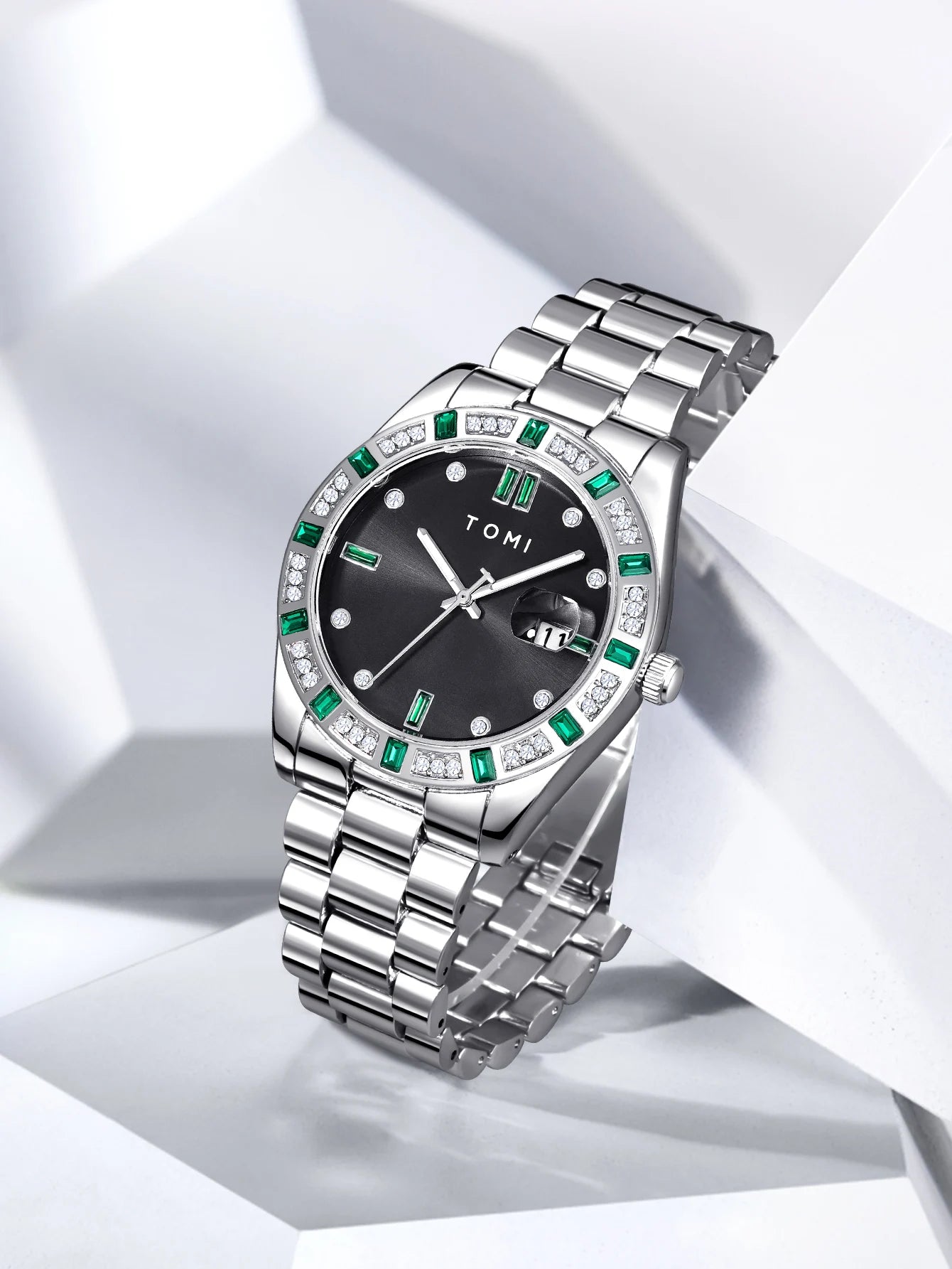TOMI 4PCS Luxury Business Men's Watch Gift Box Set Luxury Diamond Case Calendar Stainless Steel Strap Quartz Watch Men's Clock