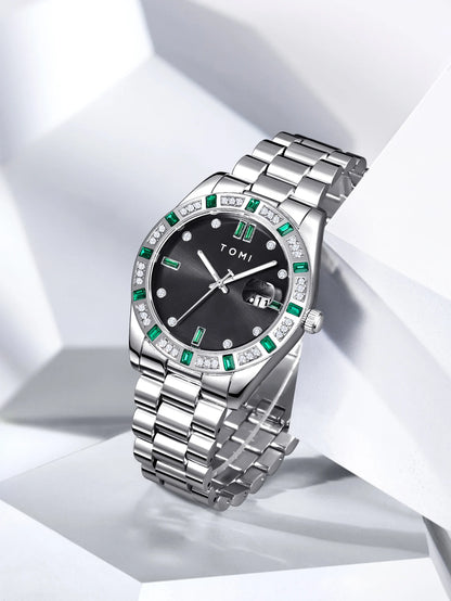 TOMI 4PCS Luxury Business Men's Watch Gift Box Set Luxury Diamond Case Calendar Stainless Steel Strap Quartz Watch Men's Clock