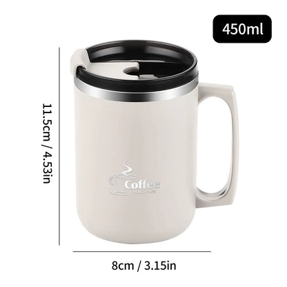 450ML Thermos Mug 304 Stainless Steel Double Wall Insulated Milk Coffee Cup With Handle & Lid Leak-proof Drinking Cup Drinkware