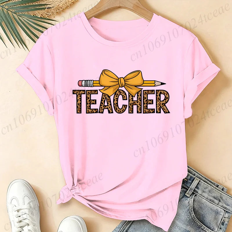 Leopard Teacher Pencil Bow Graphic T Shirt Women Teacher Appreciation Gift Casual Tops Short Sleeve Women's T-Shirts Clothing