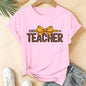 Leopard Teacher Pencil Bow Graphic T Shirt Women Teacher Appreciation Gift Casual Tops Short Sleeve Women's T-Shirts Clothing